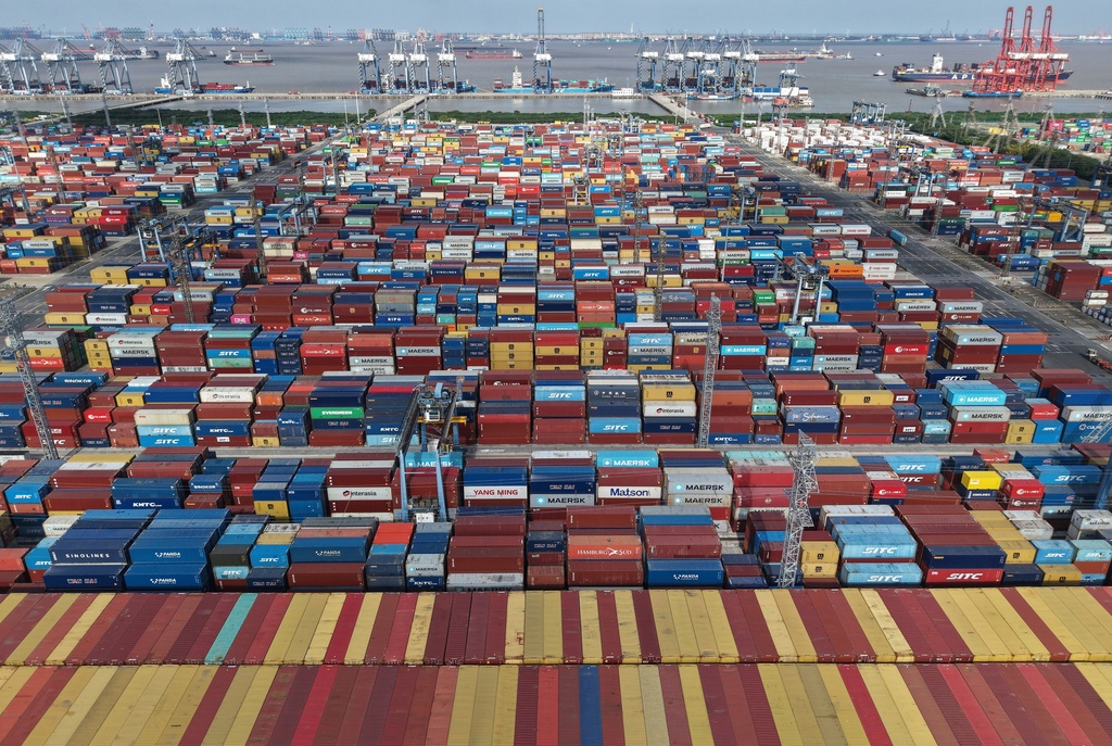 An aerial view of a container terminal in seen in Shanghai, Tuesday, March 10, 2026. (Chinatopix via AP)