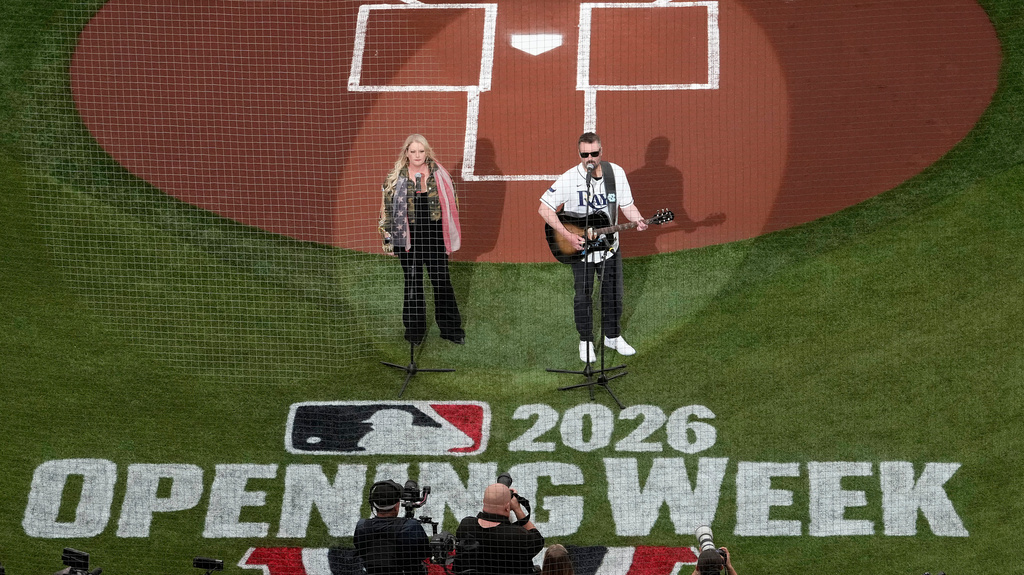 Country musician Eric Church sings the National Anthem before a baseball game between the Tampa Bay Rays and the Chicago Cubs Monday, April 6, 2026, in St. Petersburg, Fla. (AP Photo/Chris O'Meara)