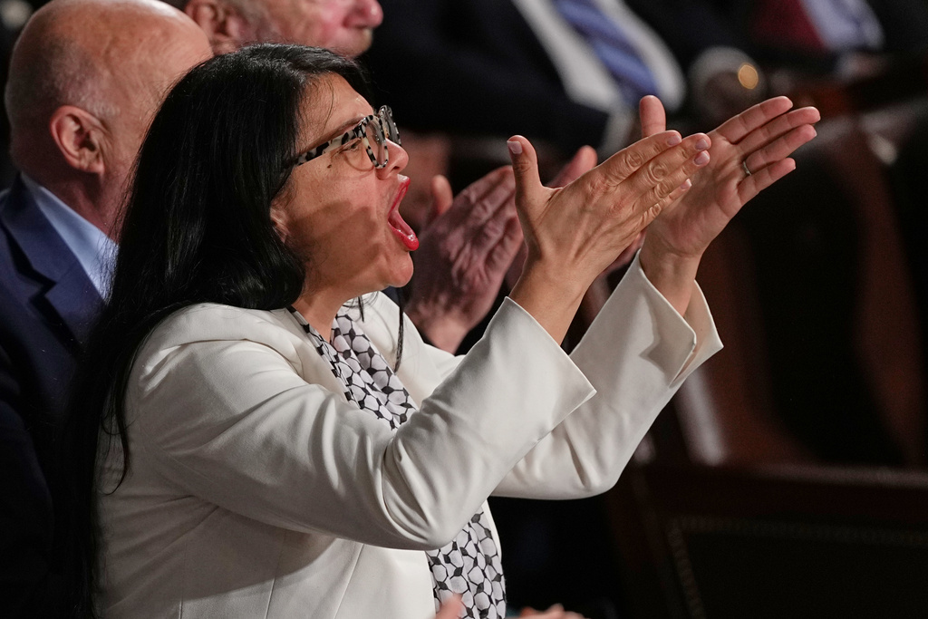 Rep. Rashida Tlaib, D-Mich., shouts as President Donald Trump delivers the State of the Union address to a joint session of Congress in the House chamber at the U.S. Capitol in Washington, Tuesday, Feb. 24, 2026. (AP Photo/Matt Rourke)