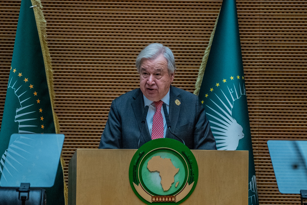 U.N. Secretary-General Antonio Guterres delivers a speech during the annual African Union Summit at the Addis International Convention Center in Addis Ababa, Ethiopia, Saturday, Feb. 14, 2026. (AP Photo/Amanuel Sileshi)