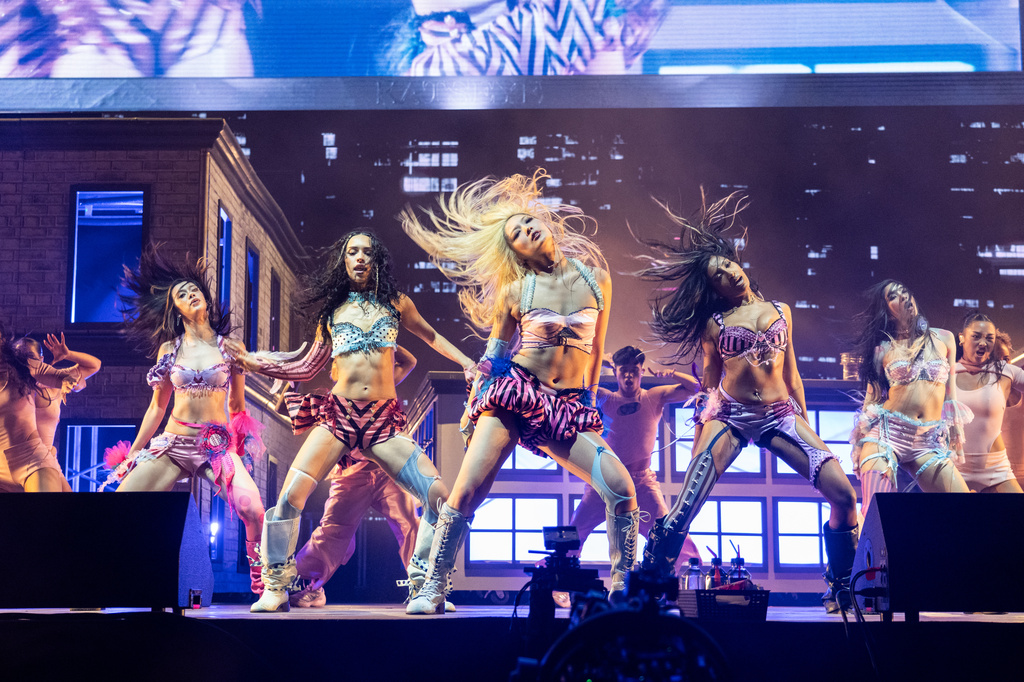 Megan Skiendiel, from left, Daniela Avanzini, Yoonchae Jeong, Lara Raj, and Sophia Laforteza of KATSEYE perform during the first weekend of Coachella Valley Music and Arts Festival on Friday, April 10, 2026, in Indio, Calif. (Photo by Amy Harris/Invision/AP)