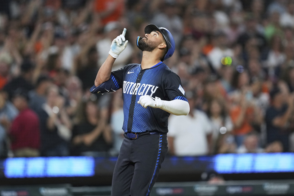 Detroit Tigers' Riley Greene celebrates his two-run home run against the Kansas City Royals in the sixth inning during a baseball game Friday, Aug. 22, 2025, in Detroit. (AP Photo/Paul Sancya)