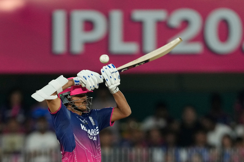 Rajasthan Royals' Yashasvi Jaiswal plays a shot during the Indian Premier League cricket match between Mumbai Indians and Rajasthan Royals in Guwahati, India, Tuesday, April 7, 2026. (AP Photo/Anupam Nath)
