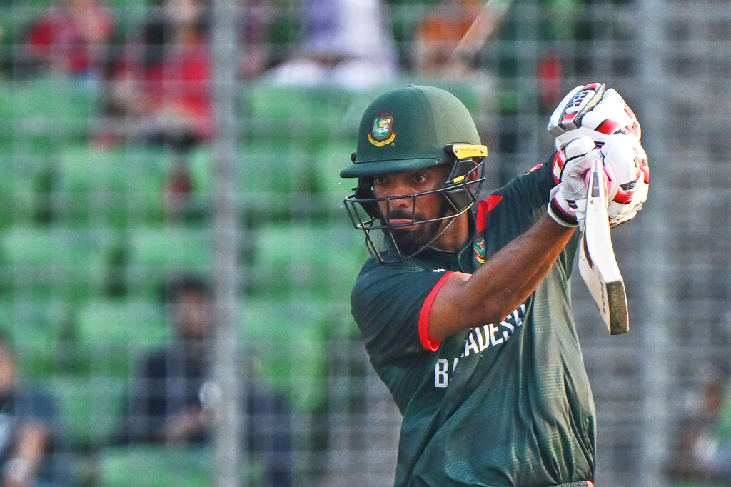 Bangladesh's Saif Hassan plays a shot during the first one day international cricket match between Bangladesh and New Zealand in Mirpur, Bangladesh, Friday, April 17, 2026. (AP Photo/Mosaraf Hossain)