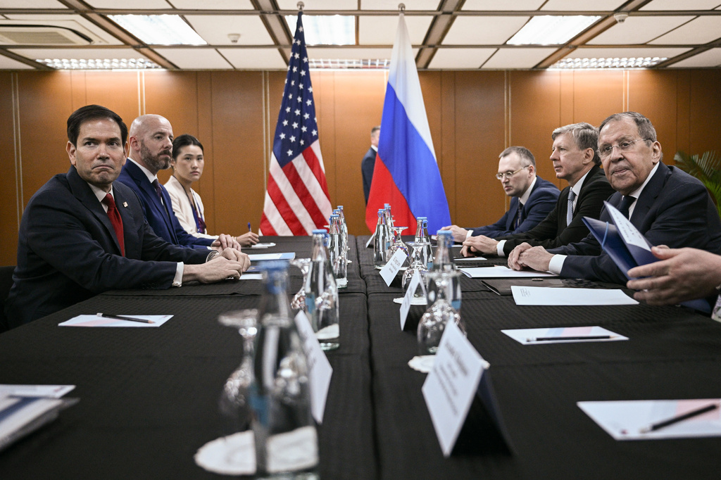 U.S. Secretary of State Marco Rubio, left, attends a meeting with Russia's Foreign Minister Sergey Lavrov, right, on the sidelines of the Association of Southeast Asian Nations (ASEAN) Foreign Ministers Meeting in Pasay, Metro Manila on Thursday, July 23, 2026. (Brendan Smialowski/Pool Photo via AP)