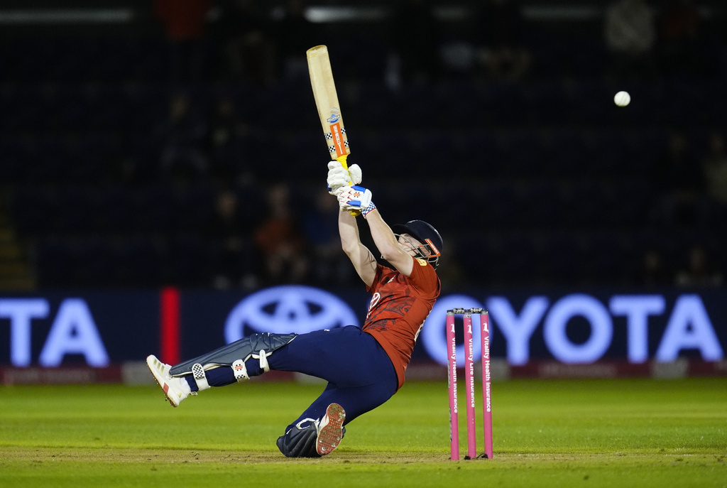England's Harry Brook bats against South Africa during the first International T20 cricket match at Sophia Gardens in Cardiff, Wales, Wednesday, Sept. 10, 2025. (Nick Potts/PA via AP)