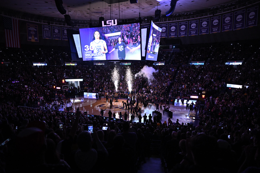The Pete Maravich Assembly Center packed with fans during pregame for an NCAA women's college basketball game against South Carolina in Baton Rouge, Saturday, Feb. 14, 2026. (AP Photo/Ella Hall)
