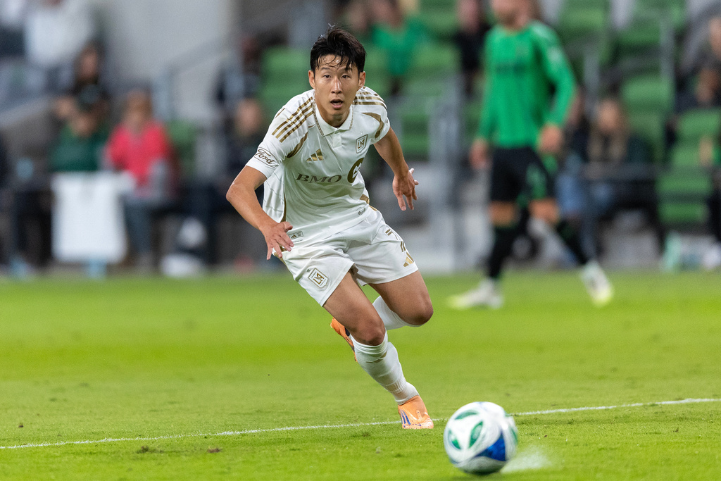 FILE - Los Angeles FC forward Son Heung-Min (7) looks to take control of the ball against Austin FC during the second half of Game 2 in the first round of MLS soccer's Western Conference playoffs Sunday, Nov. 2, 2025, in Austin, Texas. (AP Photo/Stephen Spillman, File)