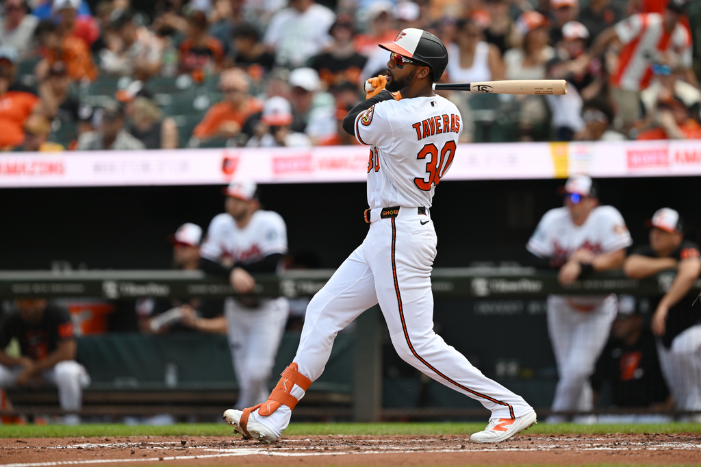 Baltimore Orioles' Leody Taveras follows through on a two-run home run against the Kansas City Royals in the second inning of a baseball game Sunday, July 12, 2026, in Baltimore. (AP Photo/Gail Burton)