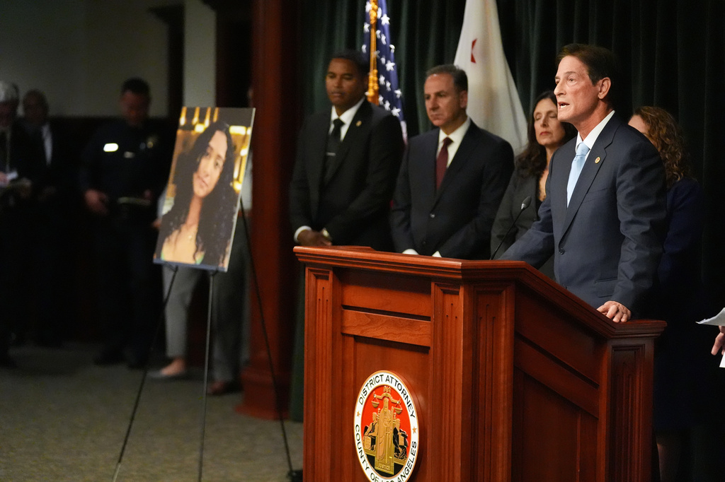 Los Angeles district attorney Nathan Hochman answers questions Monday, April 20, 2026, in Los Angeles regarding the case of singer D4vd, who was charged on suspicion of killing a 14-year-old girl whose dismembered body was found in his car. (AP Photo/Damian Dovarganes)