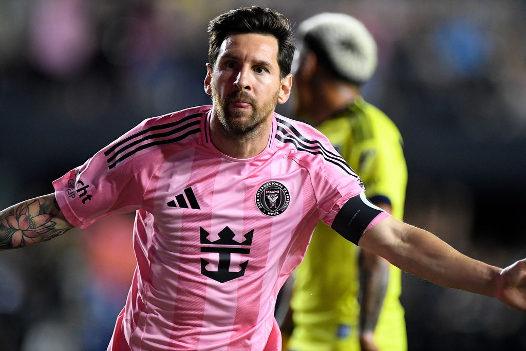 Inter Miami forward Lionel Messi celebrates after scoring during the first half of Game 3 in the first round of MLS soccer's Western Conference playoffs against Nashville SC in Fort Lauderdale, Fla., Nov. 8, 2025. (AP Photo/Michael Laughlin)