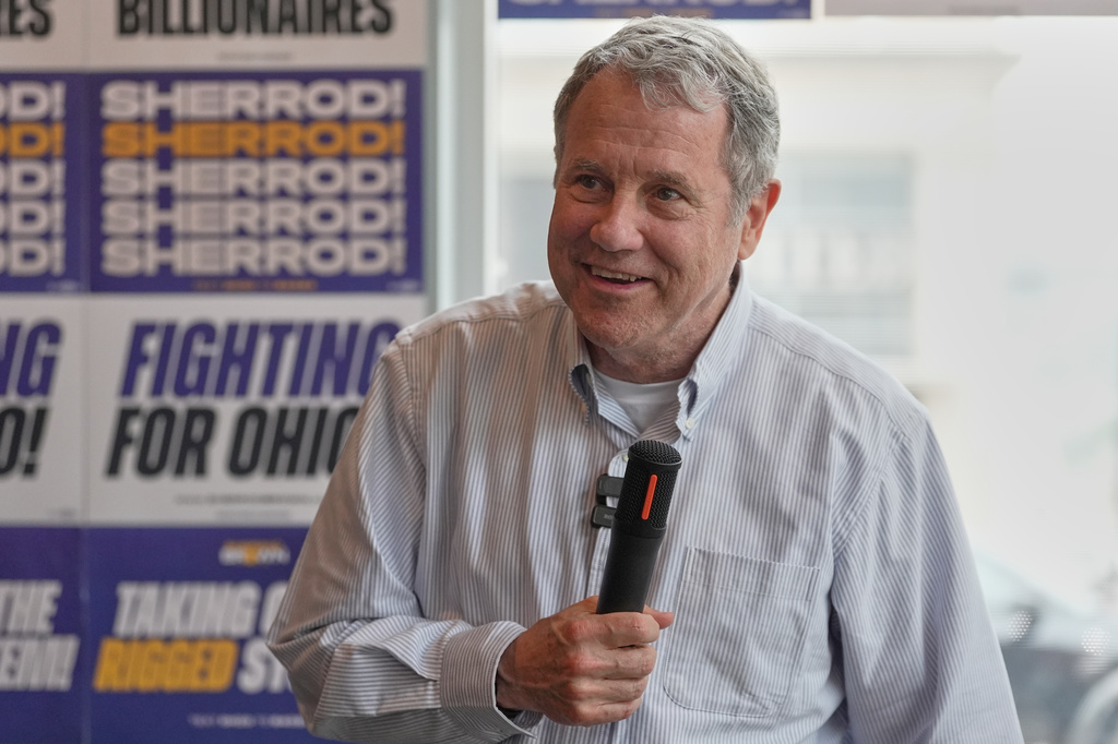 FILE - Democratic Ohio Senate candidate Sherrod Brown, a former three-term U.S. senator, speaks at a campaign event in Akron, Ohio, on July 16, 2026. (AP Photo/Sue Ogrocki, File)