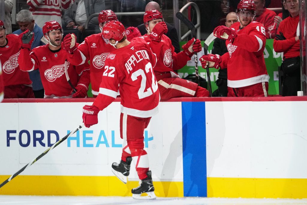 Detroit Red Wings center Mason Appleton (22) celebrates his goal against the Florida Panthers in the second period of an NHL hockey game Wednesday, Oct. 15, 2025, in Detroit. (AP Photo/Paul Sancya)