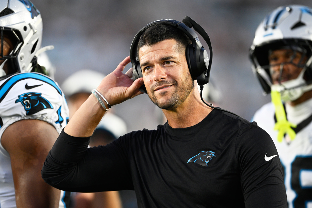 Carolina Panthers head coach Dave Canales watches during the first half of an NFL preseason football game against the Jacksonville Jaguars, Friday, Aug. 21, 2026, in Jacksonville, Fla. (AP Photo/Phelan M. Ebenhack)