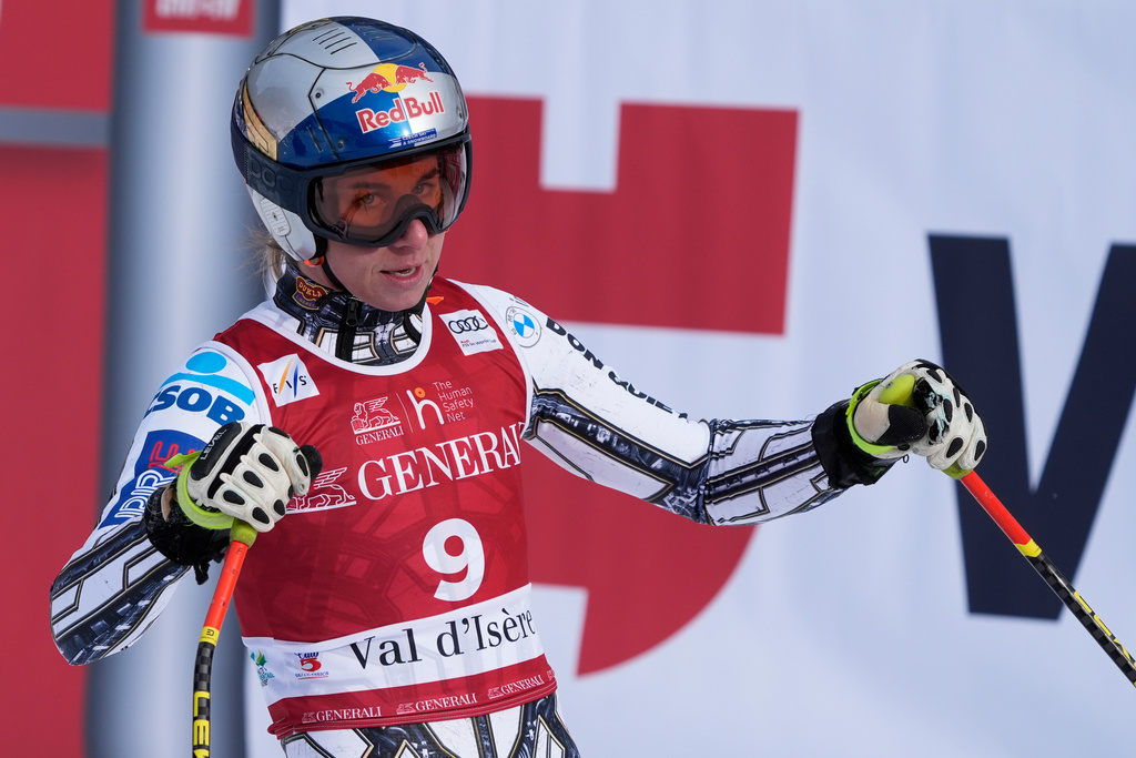 FILE - Czech Republic's Ester Ledecka checks her time at the finish area of an alpine ski, women's World Cup super-G in Val d'Isere, France, Sunday, Dec. 21, 2025. (AP Photo/Giovanni Auletta, File)