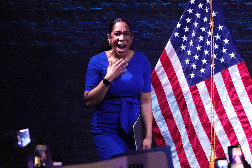 Illinois Lt. Gov. Juliana Stratton reacts as she takes the stage during a primary election night watch party after winning the Democratic primary for U.S. Senate, Tuesday, March 17, 2026, in Chicago. (AP Photo/Erin Hooley)