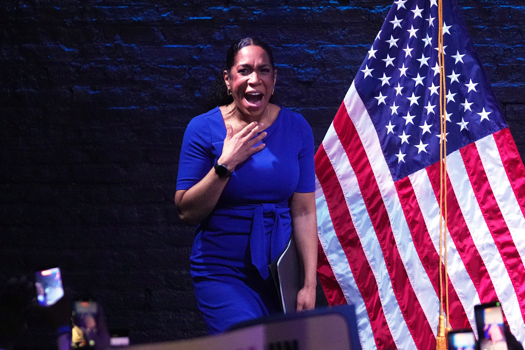 Illinois Lt. Gov. Juliana Stratton reacts as she takes the stage during a primary election night watch party after winning the Democratic primary for U.S. Senate, Tuesday, March 17, 2026, in Chicago. (AP Photo/Erin Hooley)
