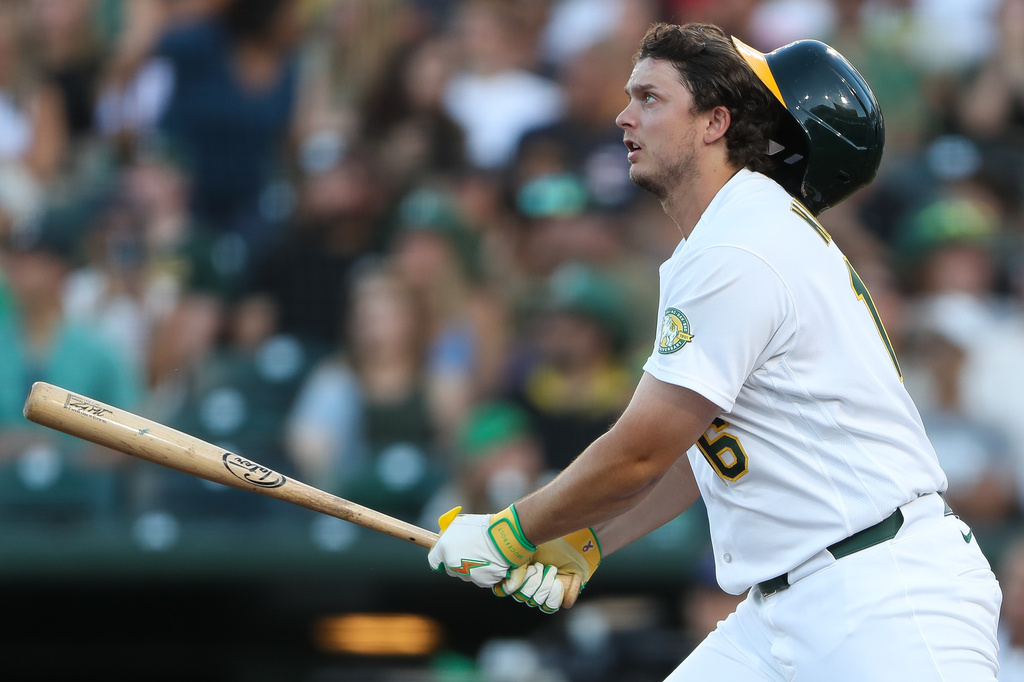 Athletics' Nick Kurtz watches his two-run home run during the third inning of a baseball game against the Miami Marlins Friday, July 3, 2026, in West Sacramento, Calif. (AP Photo/Scott Marshall)