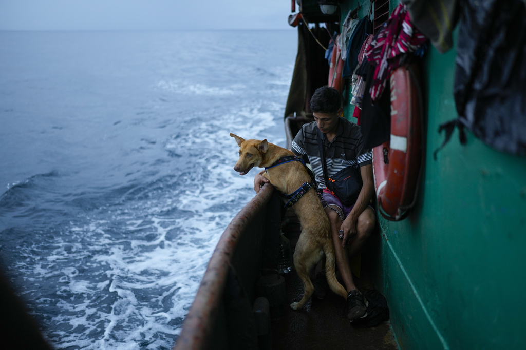 Venezuelan Abraham Castro rides a cargo vessel with other Venezuelan migrants through the Gulf of Panama as he, his partner and her two sons travel south after giving up on reaching the United States, Wednesday, Sept. 17, 2025. (AP Photo/Matias Delacroix)