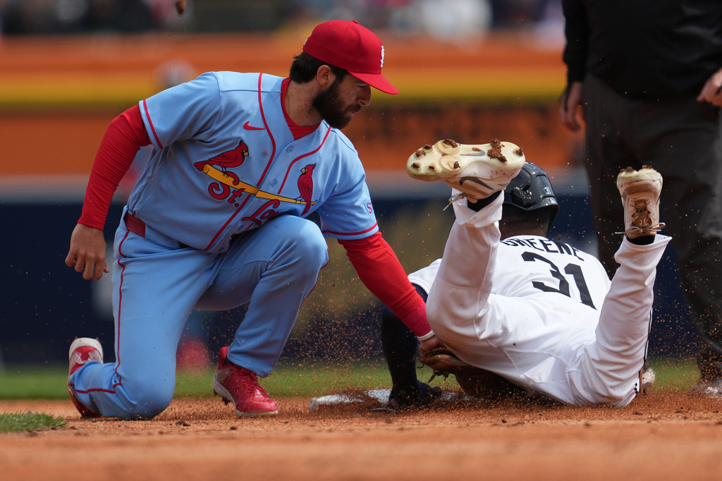 St. Louis Cardinals second baseman Thomas Saggese (25) tags Detroit Tigers' Riley Greene (31) out attempting to steal second basein the first inning of a baseball game Saturday, April 4, 2026, in Detroit. (AP Photo/Paul Sancya)