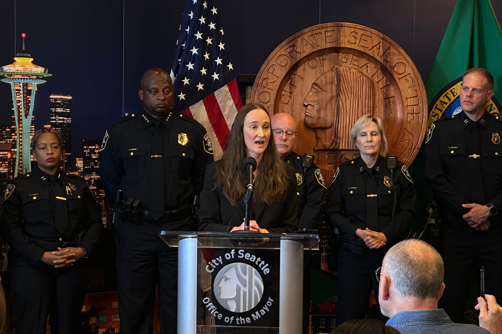 Seattle Mayor Katie Wilson holds a news conference to introduce Andre Sayles as interim police chief on Friday, July 31, 2026 in Seattle. (AP Photo/Manuel Valdes)