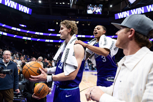 Utah Jazz forward Lauri Markkanen (23) celebrates with guard Keyonte George (3) after an NBA basketball game, Monday, Oct. 27, 2025, in Salt Lake City. (AP Photo/Anna Fuder) Utah Jazz forward Lauri Markkanen (23) celebrates with guard Keyonte George (3) after an NBA basketball game, Monday, Oct. 27, 2025, in Salt Lake City. (AP Photo/Anna Fuder)
