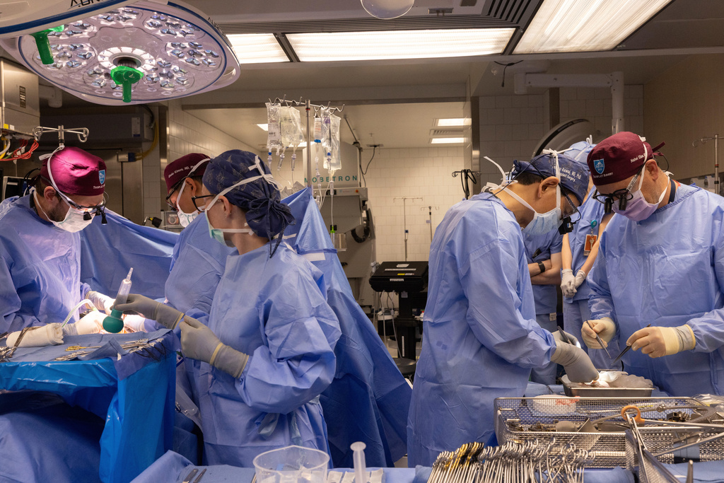 In this photo provided by Mass General Brigham, doctors perform a xenotransplant, June 14, 2025 at Massachusetts General Hospital in Boston. (Sarah Evans/Mass General Brigham via AP)