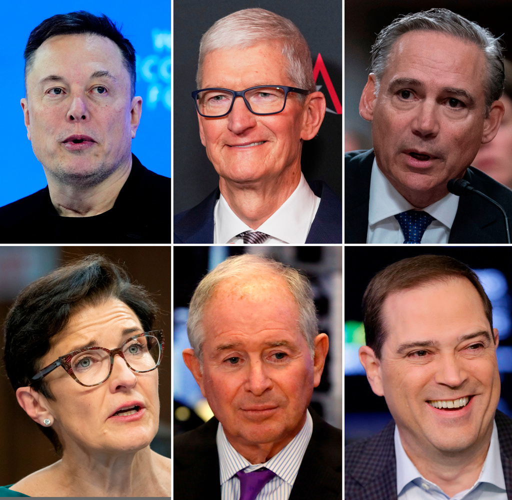 This photo combo shows from left (top), Elon Musk, CEO of Tesla and SpaceX, Apple CEO Tim Cook, President and Chief Executive Officer, The Boeing Company, Kelly Ortberg. Bottom from left, CEO, Citigroup, Jane Fraser, Stephen Schwarzman, chairman, CEO and co-founder of the investment firm Blackstone, and Cisco CEO Chuck Robbins. (AP Photo/File)