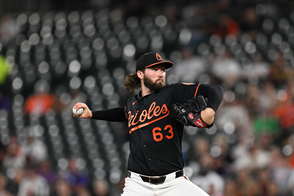 Baltimore Orioles pitcher Brandon Young delivers against the Milwaukee Brewers in the first inning of a baseball game Sunday, Sept. 20, 2026 in Baltimore. (AP Photo/Gail Burton)