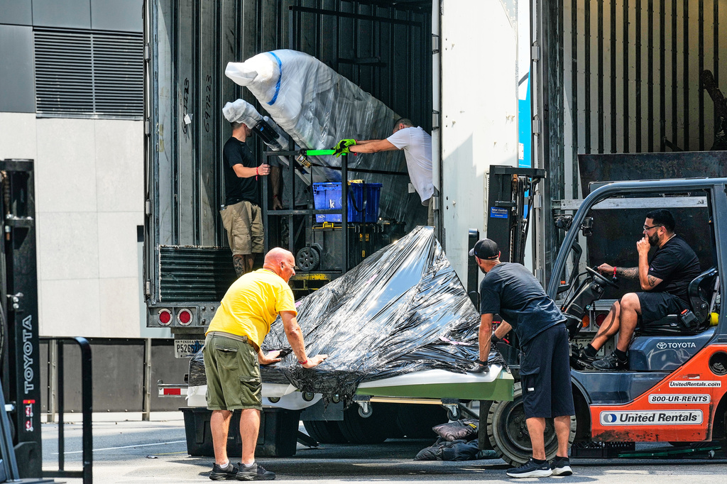 A truck is unloaded outside New York's Madison Square Garden, Wednesday, July 1, 2026. (AP Photo/Richard Drew)