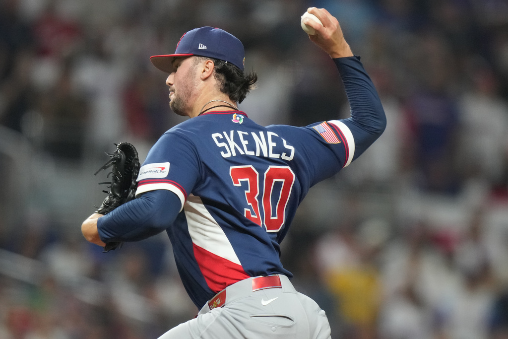 United States pitcher Paul Skenes (30) aims a pitch during the first inning of a World Baseball Classic semifinal game against the Dominican Republic, Sunday, March 15, 2026, in Miami. (AP Photo/Lynne Sladky)