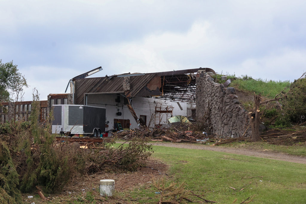 A building sits damaged in Enderlin, N.D. on June 25, 2025, from the high winds of the EF5 tornado on June 20. (North Dakota Governor's Office via AP)