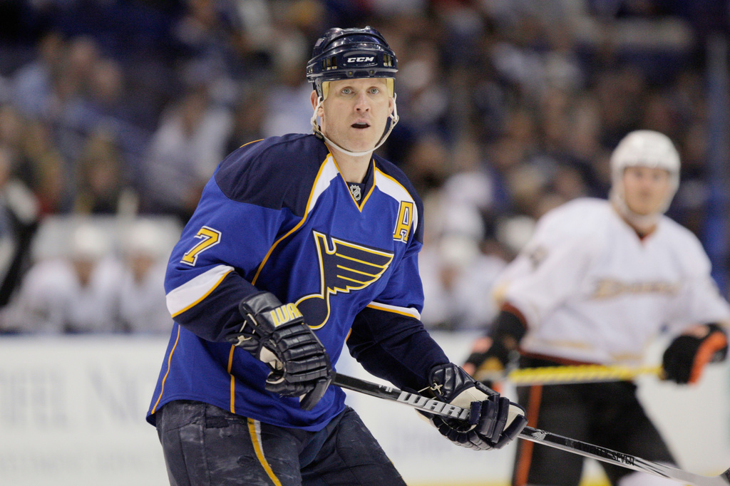 FILE - St. Louis Blues' Keith Tkachuk skates during the first period of an NHL hockey against the Anaheim Ducks game, April 9, 2010, in St. Louis. (AP Photo/Jeff Roberson, File)