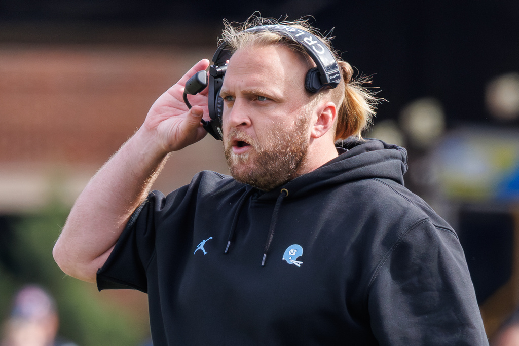 FILE - North Carolina defensive coordinator Steve Belichick looks on from the sideline during an NCAA college football game in Chapel Hill, N.C., Saturday, Oct. 25, 2025. (AP Photo/Ben McKeown, File)