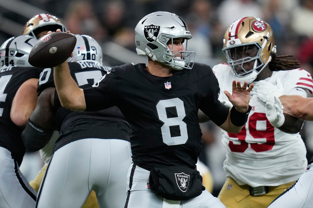 Las Vegas Raiders quarterback Kirk Cousins (8) throws during the first half of an NFL preseason football game against the San Francisco 49ers, Thursday, Aug. 27, 2026}, in Las Vegas. (AP Photo/John Locher)