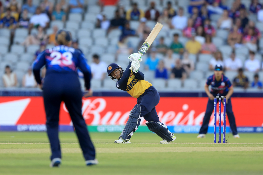 Sri Lanka's Imesha Dulani bats during the ICC Women's T20 World Cup match at Emirates Old Trafford in Manchester, England, on Friday June 26, 2026. (Nigel French/PA via AP)