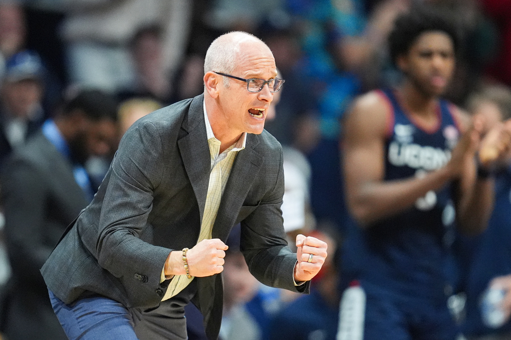 FILE - Connecticut head coach Dan Hurley reacts in the second half of an NCAA college basketball game against Butler in Indianapolis, Saturday, Dec. 21, 2024. (AP Photo/Michael Conroy, File)