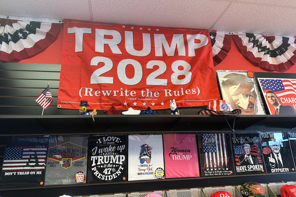 Merchandise is seen for sale at the Trump Store in Bensalem, Pa., Jan. 5, 2026, after owner Mike Domanico announced the storefront will close at the end of the month after six years. (AP Photo/Mike Catalini)