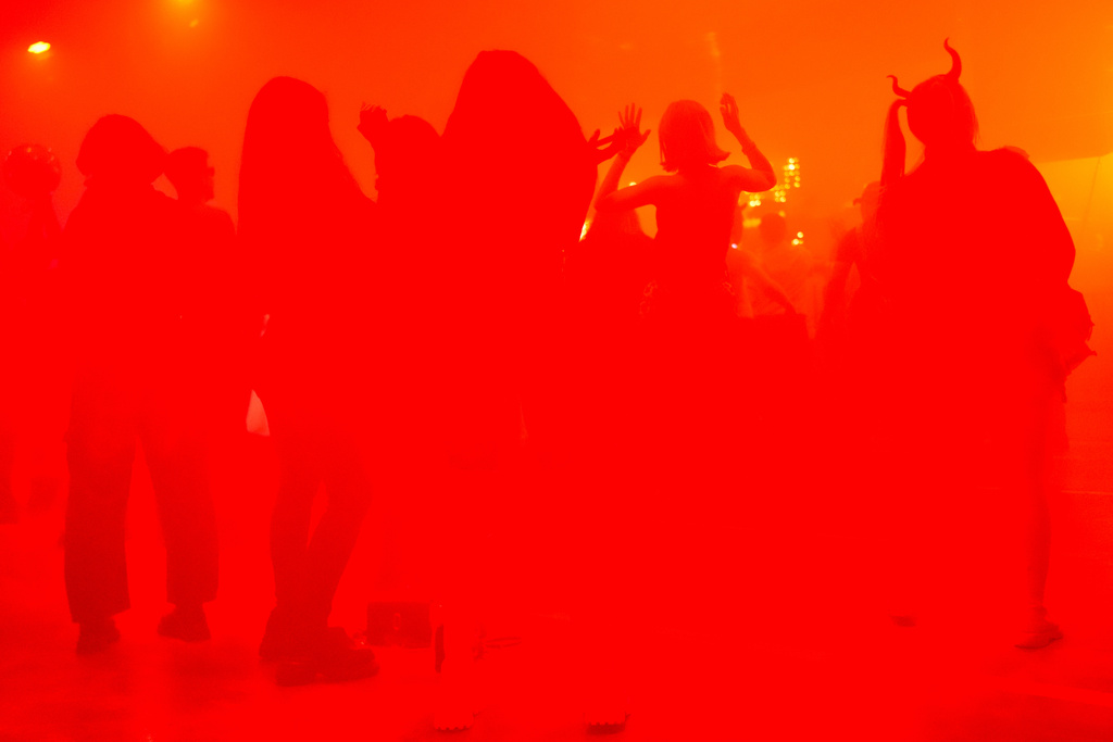 People dressed in costumes dance during a Halloween rave in Kyiv, Ukraine, Saturday, Oct. 25, 2025. (AP Photo/Julia Demaree Nikhinson)