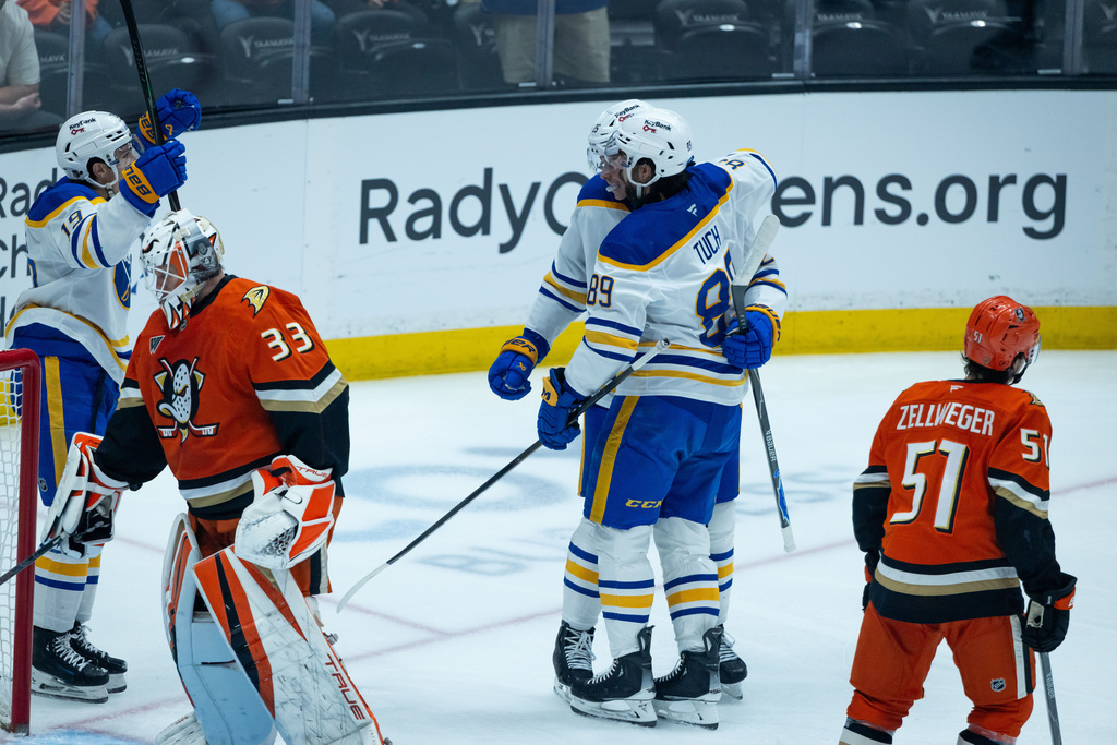 Buffalo Sabres right wing Alex Tuch (89) reacts after scoring against the Anaheim Ducks during the first period of an NHL hockey game, Sunday, March 22, 2026, in Anaheim, Calif. (AP Photo/Ethan Swope)