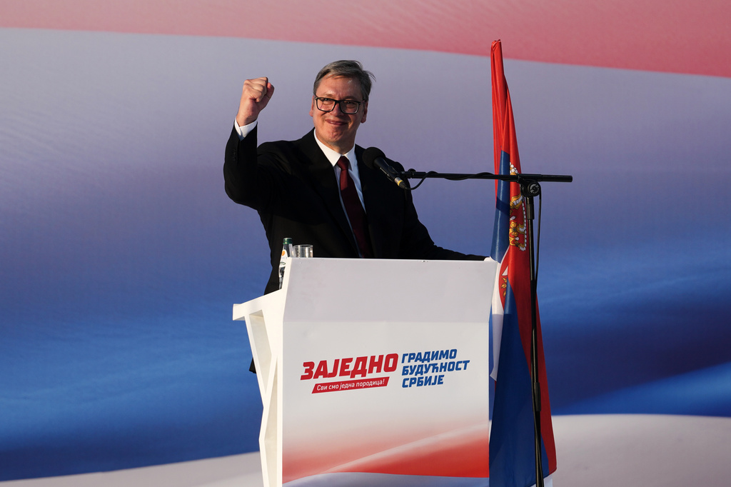 Serbian President Aleksandar Vucic addresses a rally of the ruling Serbian Progressive Party (SNS) in Belgrade, Serbia, Saturday, June 27, 2026. (AP Photo/Darko Vojinovic)