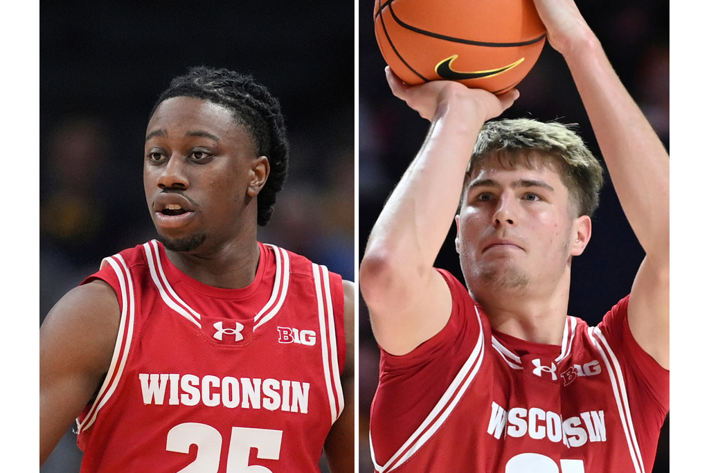 FILE - This photo combination shows Wisconsin guard John Blackwell in Indianapolis, March 14, 2025 and Wisconsin's Nolan Winter, Dec. 10, 2024, in Champaign, Ill. (AP Photo/Michael Conroy, Craig Pessman)