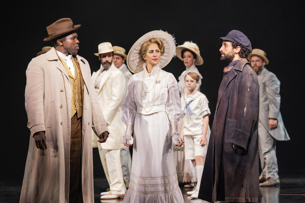 Joshua Henry, foreground from left, Caissie Levy, and Brandon Uranowitz appear during a performance of "Ragtime" in New York on Oct. 8, 2025. (Matthew Murphy via AP)