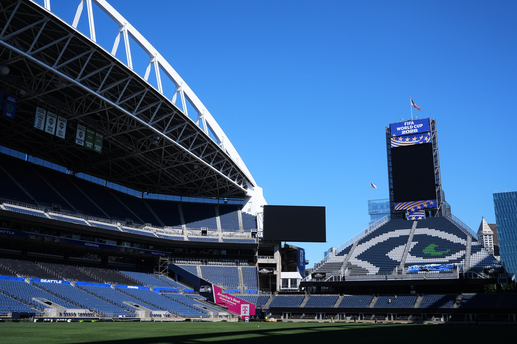 Seattle Stadium, normally known as Lumen Field, is seen with new signage as preparations continue ahead of the 2026 FIFA World Cup matches, Wednesday, May 27, 2026, in Seattle. (AP Photo/Lindsey Wasson)