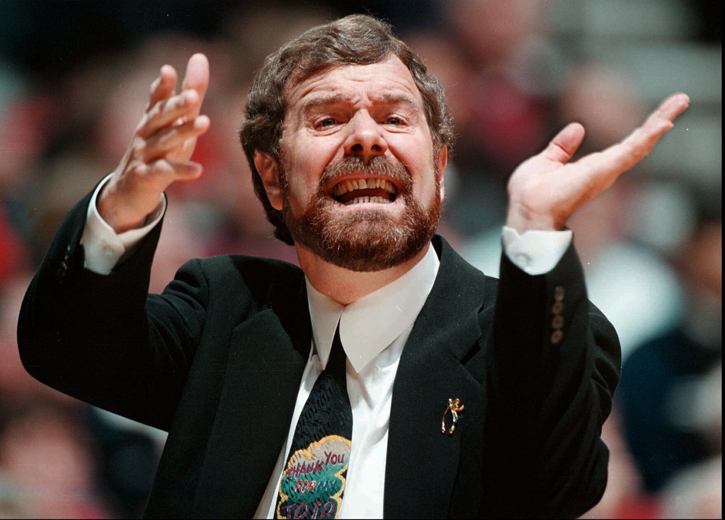 FILE - P.J. Carlesimo, head coach of the Portland Trail Blazers, reacts during an NBA basketball game on March 2, 1997, in Portland, Ore. (Brent Wojahn/The Oregonian via AP, File)