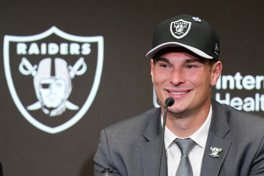 Las Vegas Raiders first-round draft pick Fernando Mendoza speaks during an NFL football news conference Friday, April 24, 2026, in Henderson, Nev. (AP Photo/Candice Ward)