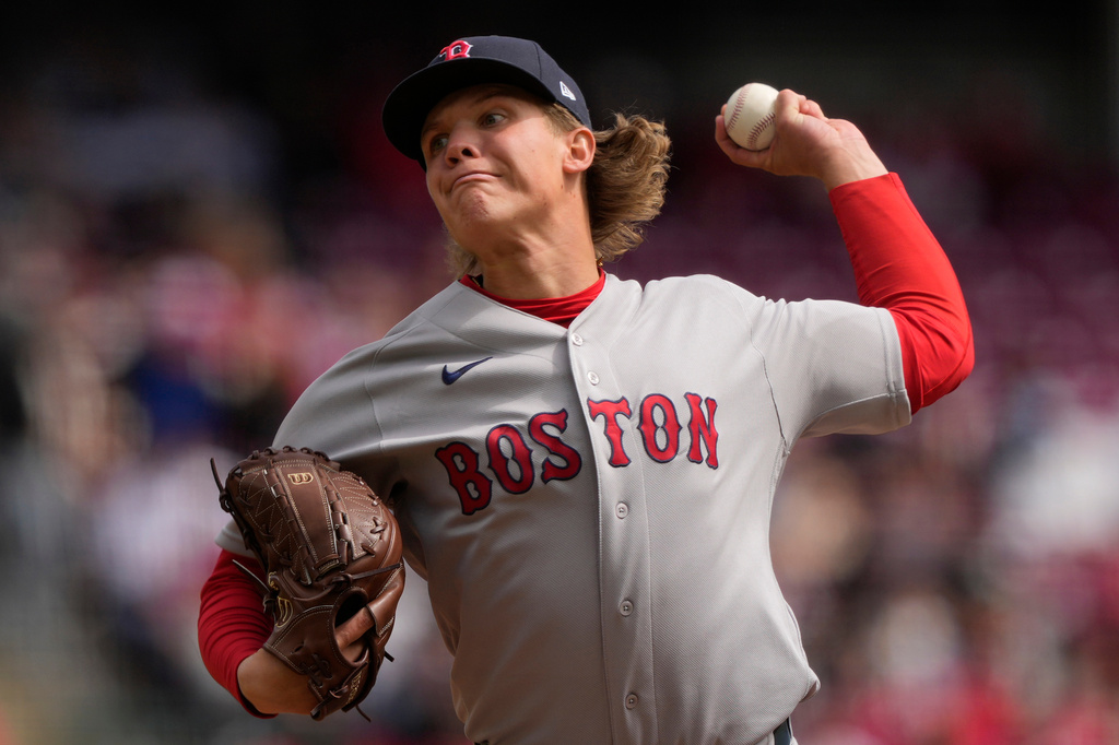 Boston Red Sox pitcher Connelly Early throws during the first inning of a baseball game between the Cincinnati Reds and the Boston Red Sox in Cincinnati, Sunday, March 29, 2026. (AP Photo/Carolyn Kaster)