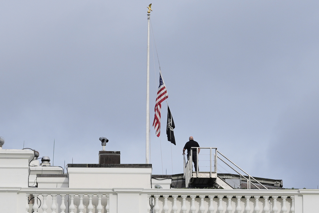 The American flag at the White House in Washington, is lowered to half-staff after Charlie Kirk, the CEO and co-founder of Turning Point USA, was killed at an event in Orem, Utah, Wednesday, Sept. 10, 2025. (AP Photo/Alex Brandon)