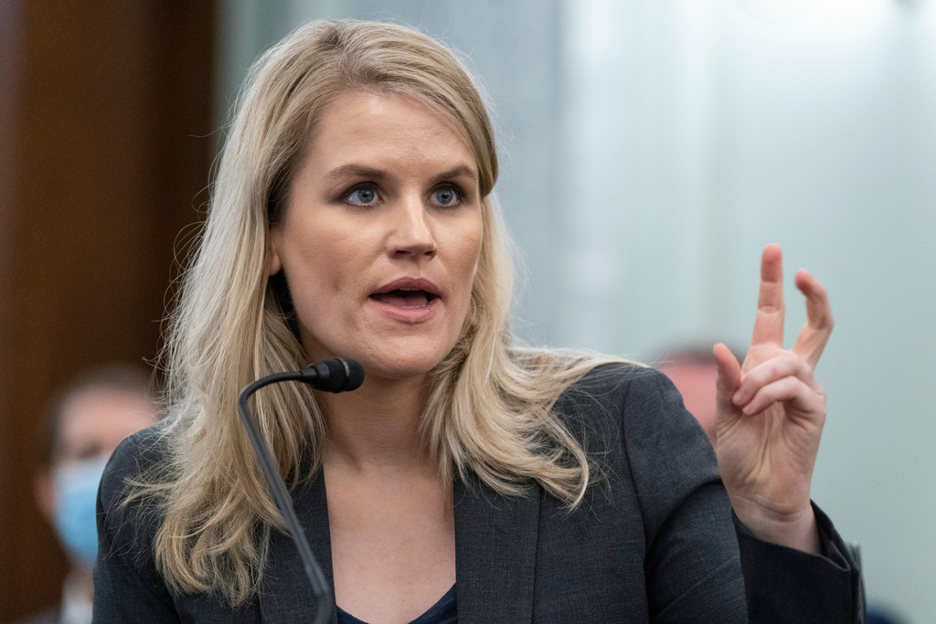 FILE - Former Facebook data scientist Frances Haugen speaks during a hearing of the Senate Commerce, Science, and Transportation Subcommittee on Consumer Protection, Product Safety, and Data Security, on Capitol Hill, Tuesday, Oct. 5, 2021, in Washington. (AP Photo/Alex Brandon, File)