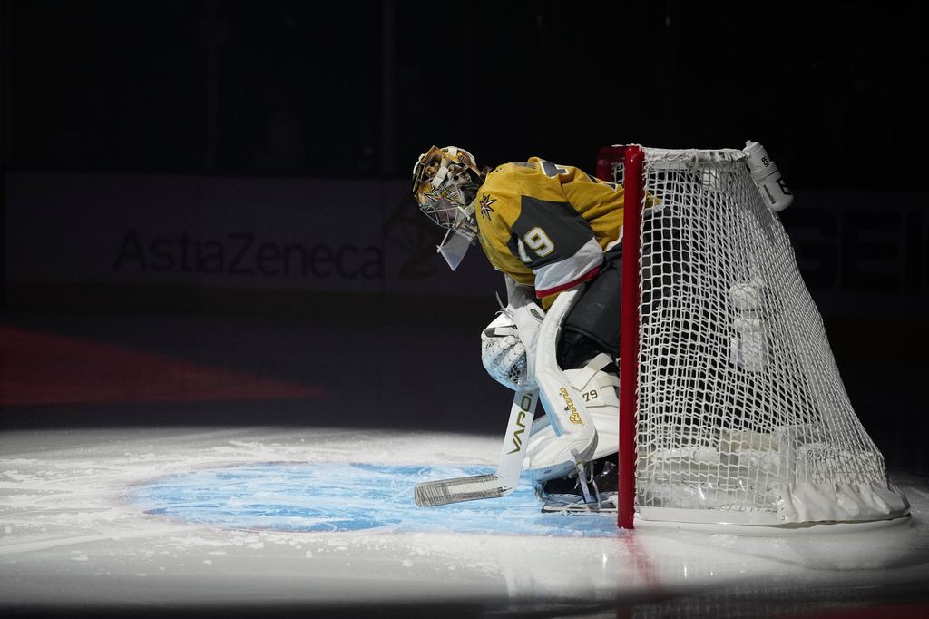 Vegas Golden Knights goaltender Carter Hart (79) waits for play to begin before Game 4 of the Western Conference finals NHL hockey Stanley Cup playoff series against the Colorado Avalanche Tuesday, May 26, 2026, in Las Vegas. (AP Photo/John Locher)
